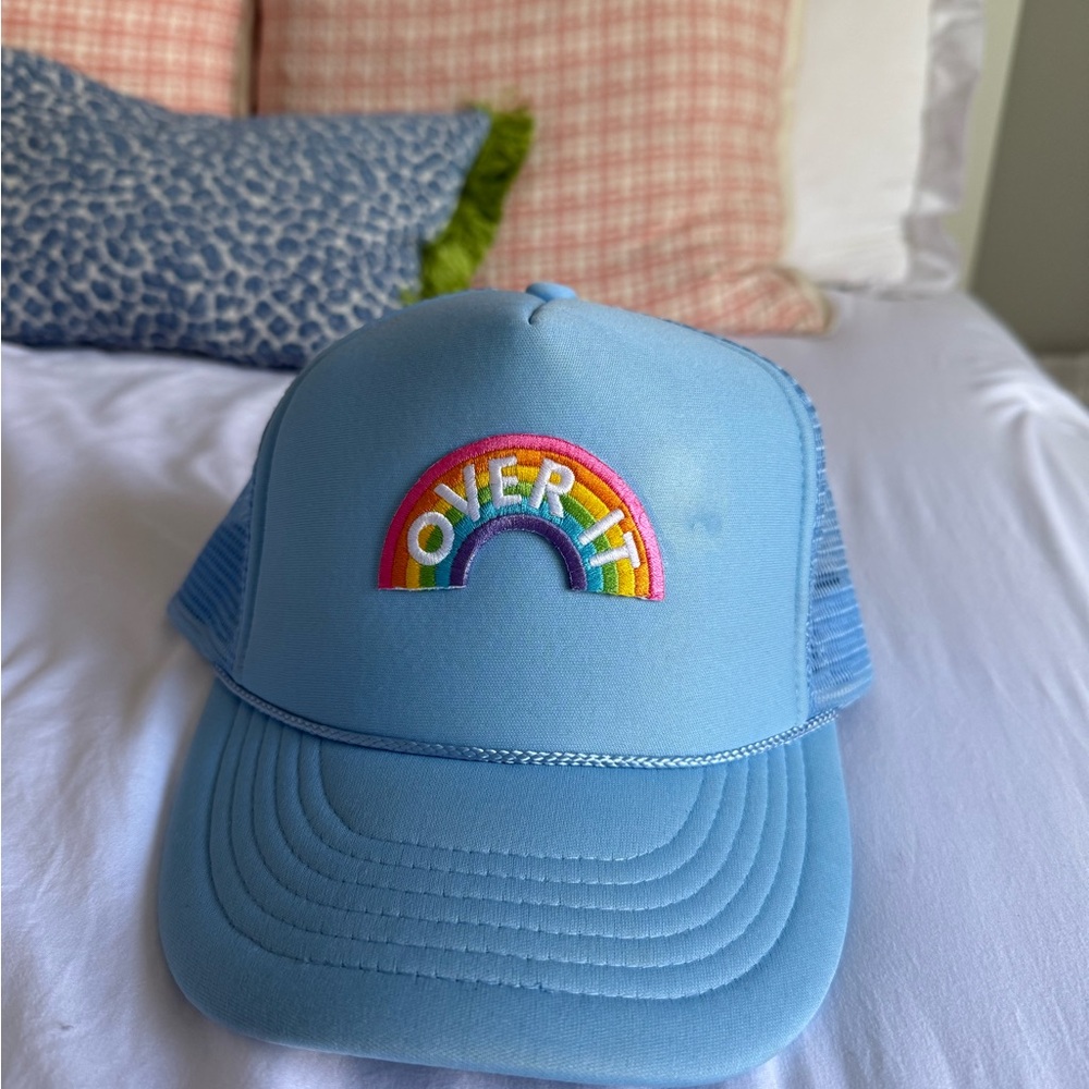 Light Blue Trucker Hat with “Over It” Rainbow Embroidery